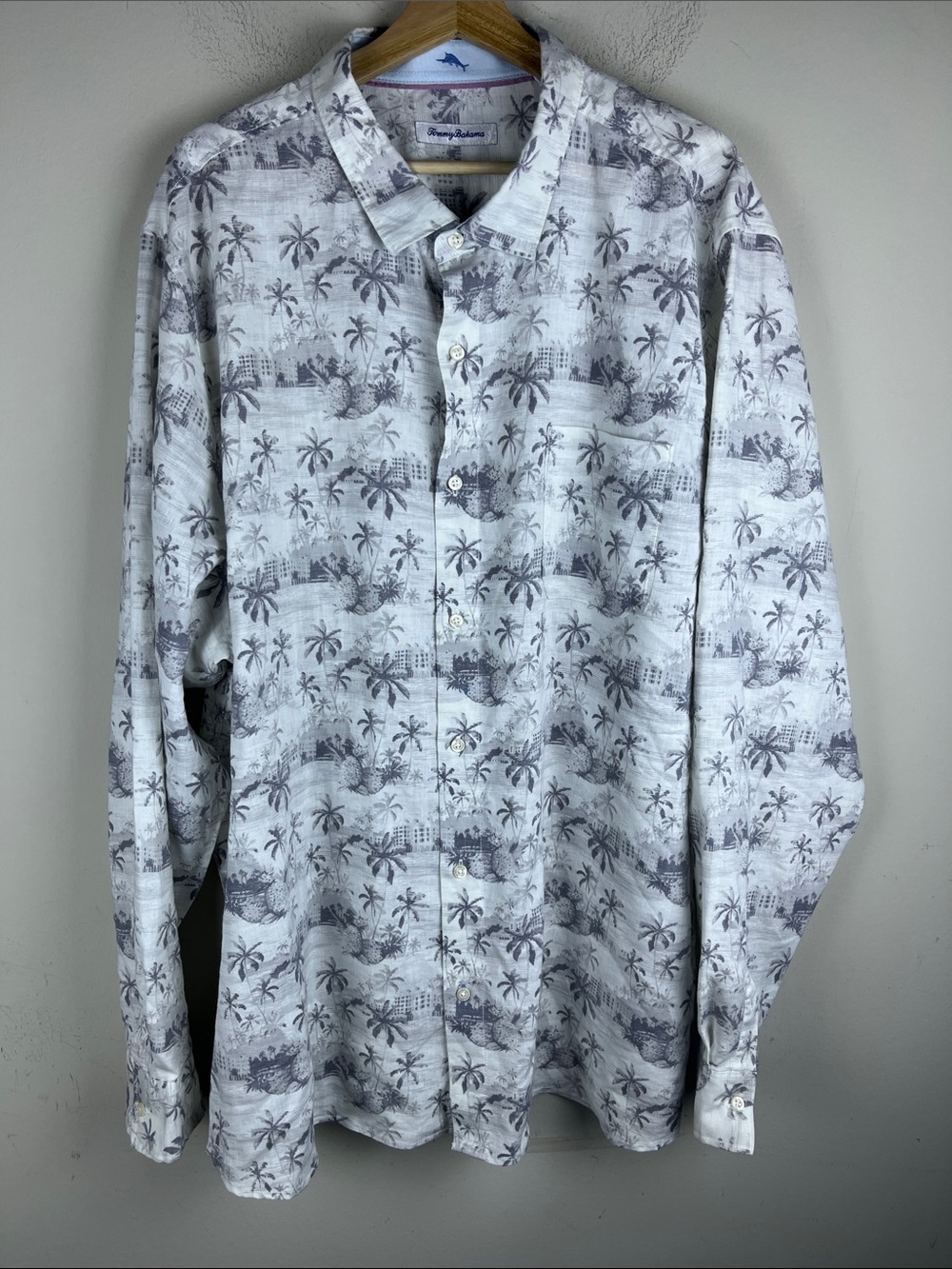 Tommy Bahama Men's XXXL Gray White Palm Print Linen Blend Button Down Shirt NWT